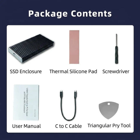 Package contents include Kickass External NVMe SSD Enclosure Supporting Thunderbolt 4 And USB4, thermal pad, screwdriver, and cables.