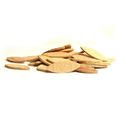 Pile of beech wood joining biscuits with size marking, part of Beech Wood Joining Biscuits Set 0, 10, 20 Sizes for tight joints