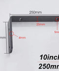 Ultra Strong Black L Brackets Wall Mounts Rock Solid Corner Shelf Supports Rust Proof Iron Braces Quick Setup Kit For Diy Floating Shelves And Home Storage Goals, 10-inch iron bracket with dimensions highlighted.