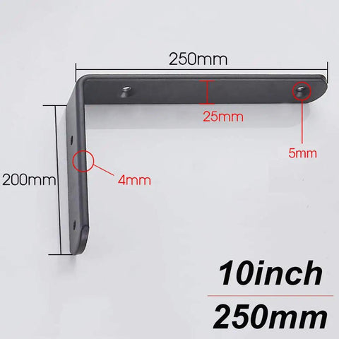 Ultra Strong Black L Brackets Wall Mounts Rock Solid Corner Shelf Supports Rust Proof Iron Braces Quick Setup Kit For Diy Floating Shelves And Home Storage Goals, 10-inch iron bracket with dimensions highlighted.