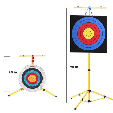 Backyard Archery Target Stand Foldable and Adjustable for Outdoor Practice with iron frame, shown with targets at 28 and 78 inches high.