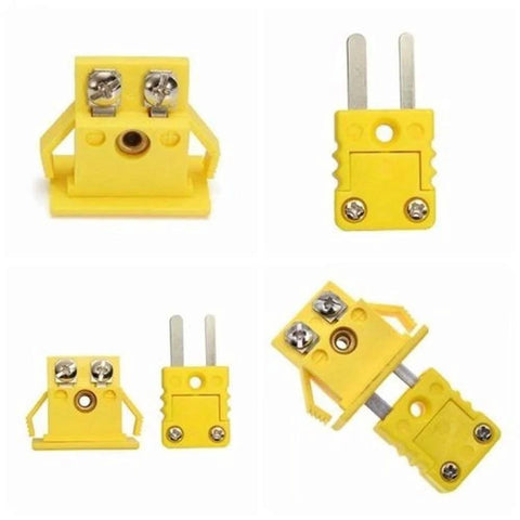 SeaISee 2-set yellow K-type panel-mount thermocouple socket and plug connector, miniature, front and side views.