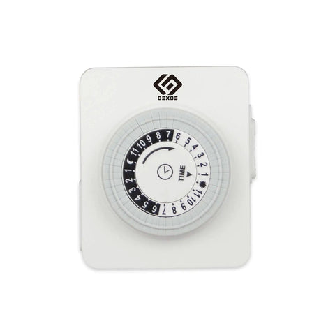 Zero Hassle Indoor 24 Hour Mechanical Outlet Timer Featuring Easy Push Pin Setup In 30 Minute Intervals Dual Polarized Plugs on a white background.