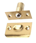 Stainless Steel Adjustable Roller Ball Door Catch Lock With Brass Finish, showing the catch and strike plates for secure installation.