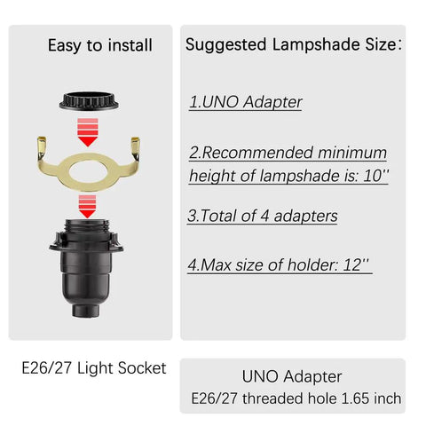 Easy Install Adjustable Lamp Harp Kit with E26 E27 Light Socket and UNO Adapter for Hassle Free Shade Sizing Diagram