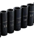 Impact Socket Set Metric Three Eighths Inch Drive, Nine Piece, 6 Point, Black Oxide Finish displayed in a row