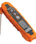 IR07 Dual Infrared And Probe Pocket Size LCD Digital Thermometer, orange body with probe extended, showing temperature reading.