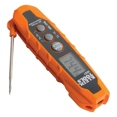 IR07 Dual Infrared And Probe Pocket Size LCD Digital Thermometer, orange body with probe extended, showing temperature reading.