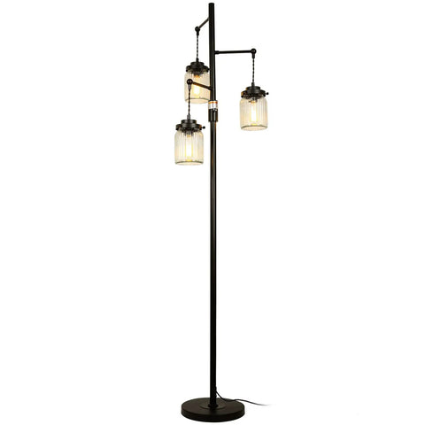 Industrial Farmhouse Floor Lamp With Three Glass Shades, Tall Standing Lamp With Dimmable Switch, Sturdy Black Base For Living Room.