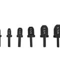 Top Quality 6 Piece Copper Pipe Swaging Drill Bit Set With Triangle Handle Tube Expander Tool Kit For Air Conditioning And Conduit Work Featuring 1/4, 3/8, 1/2, 5/8, 3/4, And 7/8 Inch Imperial Sizes Perfect For Pros, showing swage bits in varying sizes.
