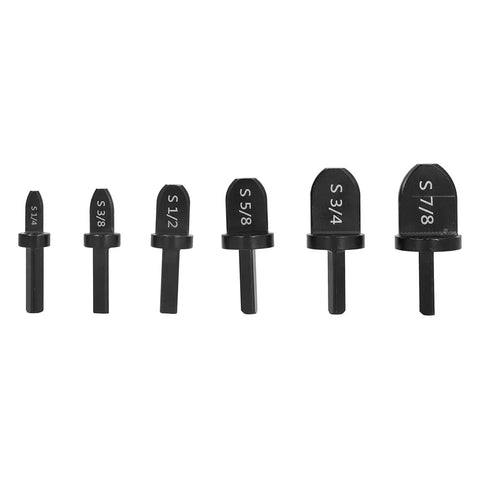 Top Quality 6 Piece Copper Pipe Swaging Drill Bit Set With Triangle Handle Tube Expander Tool Kit For Air Conditioning And Conduit Work Featuring 1/4, 3/8, 1/2, 5/8, 3/4, And 7/8 Inch Imperial Sizes Perfect For Pros, showing swage bits in varying sizes.