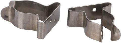 Two stainless steel boat-hook spring clamp holder brackets for 5/8–1 inch clamps; mounting holes.