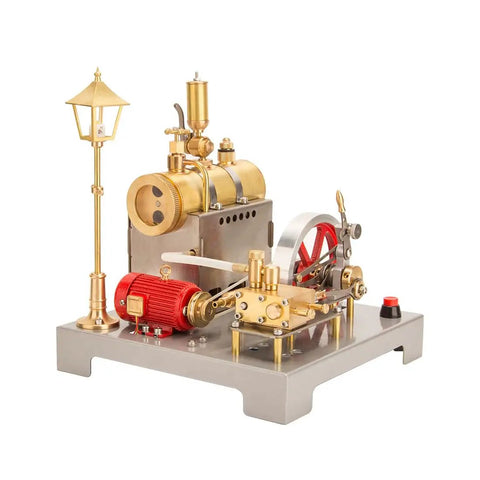 Old School Steam Engine Model That Really Works With Boiler And Reversible Horizontal Design Includes Generator And Vintage Lamp For Realistic Hands On STEM Learning And A Fun Gift For Adults, 18x18x20 cm, metal