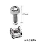 Heavy Duty M6 X 20mm Square Hole Cage Nuts Screws Washers Rack Mount Kit showing screw and cage nut dimensions.