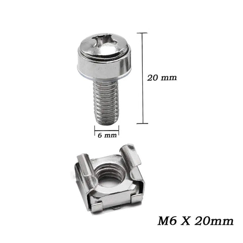 Heavy Duty M6 X 20mm Square Hole Cage Nuts Screws Washers Rack Mount Kit showing screw and cage nut dimensions.