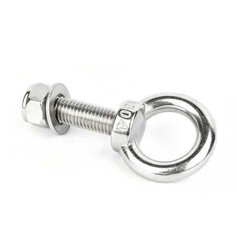 Rugged 304 Stainless Steel Eye Bolt M8x40mm With Lock Nuts And Spring Washers For Lifting, Hanging, And Tie Down Heavy Loads On Trailers, Trucks, And Outdoor Gear, shown with nut and washer