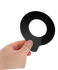 Hand holding black rubber washer for excavator pins, Two Pack Rubber Washer Kit For Excavator Bucket Pins And Linkage Shim Heavy Duty Vibration Pads For Construction Machinery Durable Rubber Build Shock Absorption Quick Installation Noise Reduction