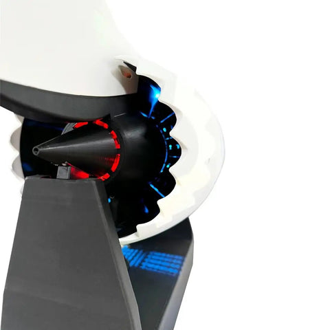 3D Printed Turbofan Engine Model Kit With Functional Nacelle Thrust Reverser on sturdy stand, close-up of blades and lighting