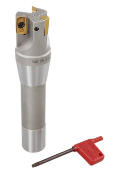 1-1/4 Inch By 5-27/32 Inch 90 Degree R8 Shank Indexable End Mill With Three APKT1604 Tin Coated Carbide Inserts Installed Positive Rake Right Hand Cut Pro Grade Milling Tool For Aluminum And Steel