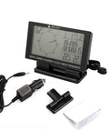 Front view of a digital car thermometer with compass and clock, black housing and 3.9-inch blue-backlit LCD.