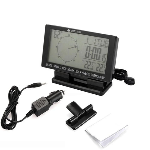 Front view of a digital car thermometer with compass and clock, black housing and 3.9-inch blue-backlit LCD.