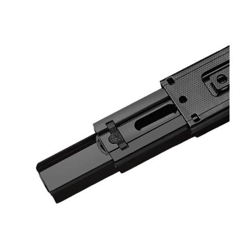 Close-up of Rolls Like A Dream Three Section Drawer Slides With Hidden Bottom Mount Design, 10 inches black metal glides.