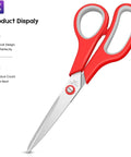 Red 8-inch scissors with ergonomic handle, part of the 6 Pack 8 Inch All Purpose Heavy Duty Scissors Bulk Set For Office, School, And Classroom Use, Sharp Blades That Are 3 Times Harder Than Stainless Steel, Delivers 100000 Clean, Precise Cuts.