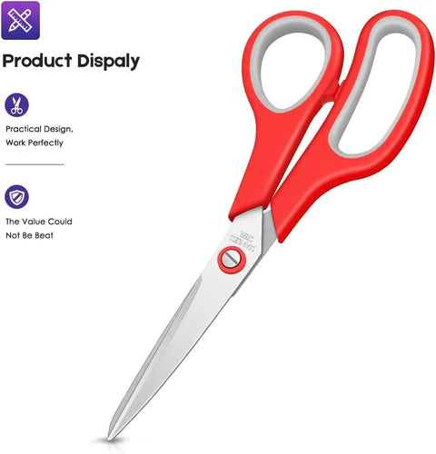 Red 8-inch scissors with ergonomic handle, part of the 6 Pack 8 Inch All Purpose Heavy Duty Scissors Bulk Set For Office, School, And Classroom Use, Sharp Blades That Are 3 Times Harder Than Stainless Steel, Delivers 100000 Clean, Precise Cuts.
