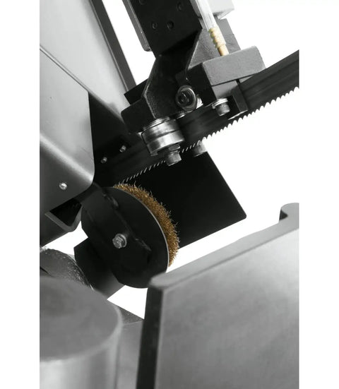 10 Inch By 16 Inch Horizontal Bandsaw With One And A Half Horsepower 115 And 230 Volt Single Phase, Patented Three Jaw Vise Rapid Action Jaw, Adjustable Blade Guide With Cam Follower Bearings, Swing Away Control Panel, Built In Coolant System, Heavy Duty