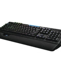 Slick Black RGB Mechanical Gaming Keyboard Featuring Prograde RomerG Switches For Lightning Fast Actuation Heavy Duty Durability Hardwired Cabling And Immersive Backlighting A Badass PC Peripheral Built Straight Up For Serious Gamers, angled view.