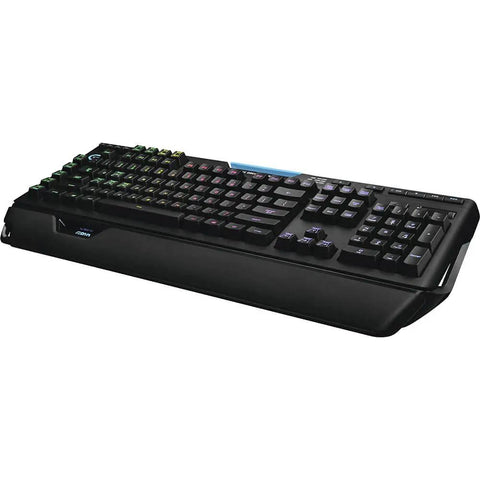 Slick Black RGB Mechanical Gaming Keyboard Featuring Prograde RomerG Switches For Lightning Fast Actuation Heavy Duty Durability Hardwired Cabling And Immersive Backlighting A Badass PC Peripheral Built Straight Up For Serious Gamers, angled view.