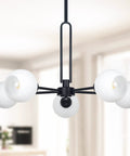 Matte Black 5 Light Globe Sputnik Chandelier in dining room with frosted glass shades, modern farmhouse style, semi flush mount
