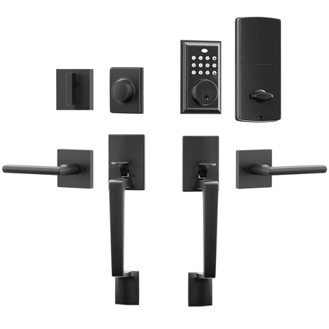 Keypad Deadbolt Electronic Keyless Double Door Lock Set With Handle For Easy Home Office And Hotel Access Auto Lock in matte black