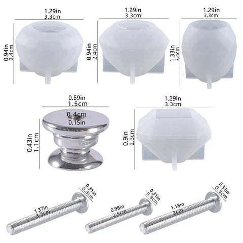 Straight Fire Diy Resin Cabinet Knob Mold Kit For Making Custom Epoxy Drawer Pulls With Polygonal Styles Plus Twenty Four Bases And Thirty Millimeter Screws showing molds and screws in varying sizes.