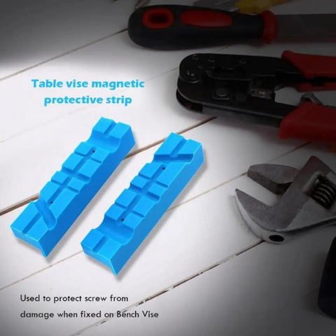 Magnetic Bench Vise Jaw Pads 2 Pack With Multi Groove Grips Vise Holder Protectors in blue on workbench with tools.