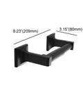 Matte Black Toilet Paper Holder Wall Mount With Double Post Design dimensions shown, 8.23 inches by 3.15 inches.