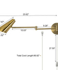 Plug In Wall Sconce Set Of 2 With Brass Swing Arm Lights For Bedroom And Living Room, dimensions showing adjustable swivel arm.