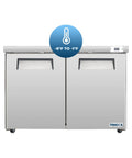 Front view of Heavy Duty 48 Inch Commercial Undercounter Freezer With Solid Stainless Exterior And Bright Led Lighting, ETL Rated.
