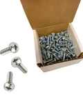 Box of License Plate Screws Metric Phillips Head Zinc Plated Steel 100 Per Box, with three screws displayed in front