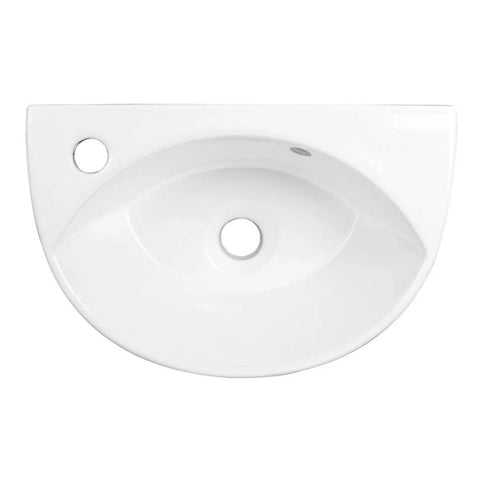 Top view of Small Wall Mounted Bathroom Sink 17 Inch White Ceramic Oval Basin With Porcelain Coated Finish Floating Wall Hung Design Overflow