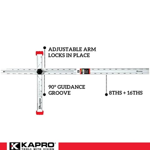 Tough As Nails 48 Inch Aluminum Adjustable Drywall T Square Tool With Fast Adjust Head showing adjustable arm and 90° guidance groove.