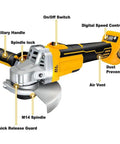 Close-up of No Fuss Brushless Cordless Angle Grinder showing digital speed control and switch, designed for versatile use.