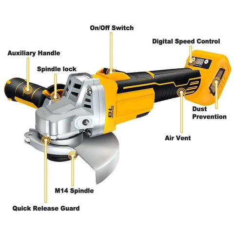 Close-up of No Fuss Brushless Cordless Angle Grinder showing digital speed control and switch, designed for versatile use.