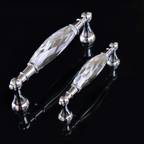 Two Pack 3.78 Inch Glass Dresser Drawer Handles With Clear Crystal Look Pull Knobs In Chrome Metal Finish, 96mm Center To Center