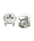 Solid Zinc Alloy Cam Lock Nuts For Furniture Repair Hella Sturdy Nickel Plated Connectors That Clamp Tight On DIY Shelves Tables Cabinets And Workshop Builds close-up view of two zinc cam lock nuts.