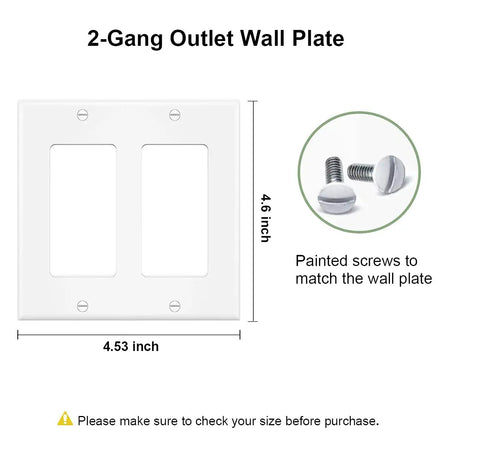 Durable 2-Gang Wall Plate Covers 4 Pack For Light Switches And Outlets White Polycarbonate with screws, size 4.53x4.6 inches