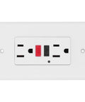 Heavy Hit Smart GFCI Outlet With Built Tough Safety Shutters And Slick 15 Amp 120 V Wall Socket front view showing safety features.