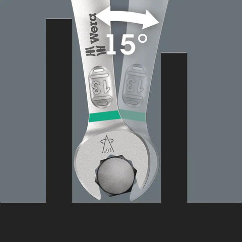 Close-up of Joker 11 Piece Combination Wrench Set for Tight Spots with 15-degree ring side showcasing special mouth geometry