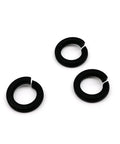 Black Stainless Steel Lock Washer Set, Split Lock Washer Assortment for M2 To M8, 320 Pcs, Elastic Gasket Included, Anti Loosening Hardware for Screws and Bolts, Great for Vibration and Torque. Three black split lock washers on white background