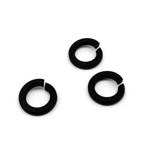 Black Stainless Steel Lock Washer Set, Split Lock Washer Assortment for M2 To M8, 320 Pcs, Elastic Gasket Included, Anti Loosening Hardware for Screws and Bolts, Great for Vibration and Torque. Three black split lock washers on white background